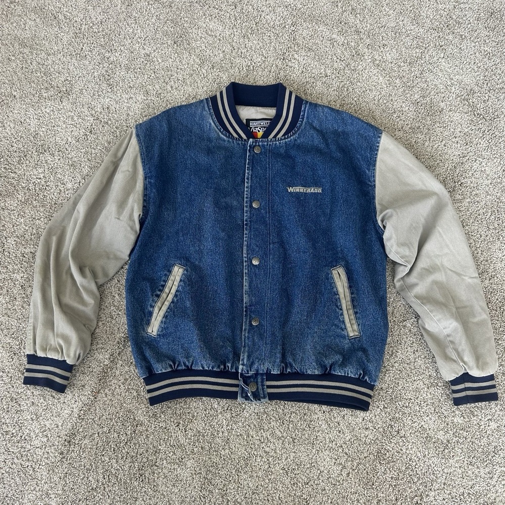 VTG Hartwell Winnebago Logo Varsity Bomber Jacket Men's L Khaki Denim 90s Y2K